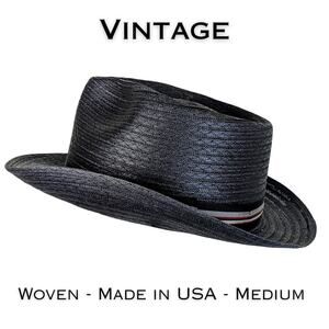 Vintage Haband Black Straw Fedora Hat Gray Striped Hatband Made USA Medium 22"